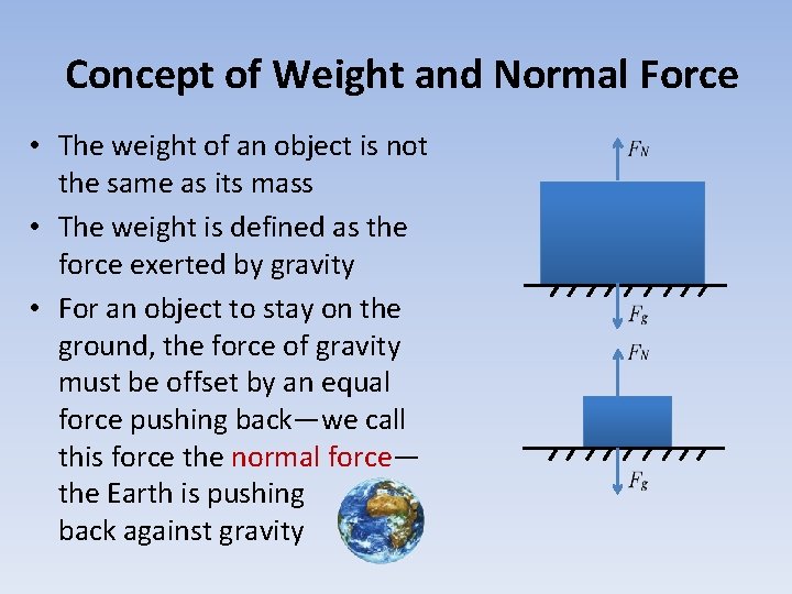 Concept of Weight and Normal Force • The weight of an object is not