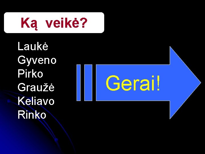 Ką veikė? Laukė Gyveno Pirko Graužė Keliavo Rinko Gerai! 