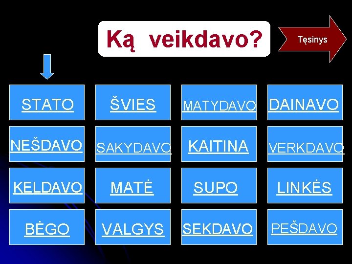 Ką veikdavo? STATO ŠVIES NEŠDAVO SAKYDAVO Tęsinys MATYDAVO DAINAVO KAITINA VERKDAVO KELDAVO MATĖ SUPO