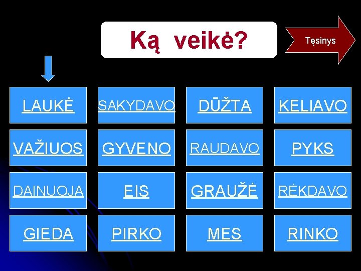 Ką veikė? Tęsinys LAUKĖ SAKYDAVO DŪŽTA KELIAVO VAŽIUOS GYVENO RAUDAVO PYKS DAINUOJA EIS GRAUŽĖ