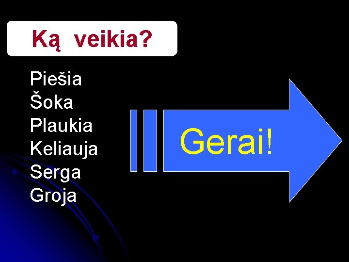 Ką veikia? Piešia Šoka Plaukia Keliauja Serga Groja Gerai! 