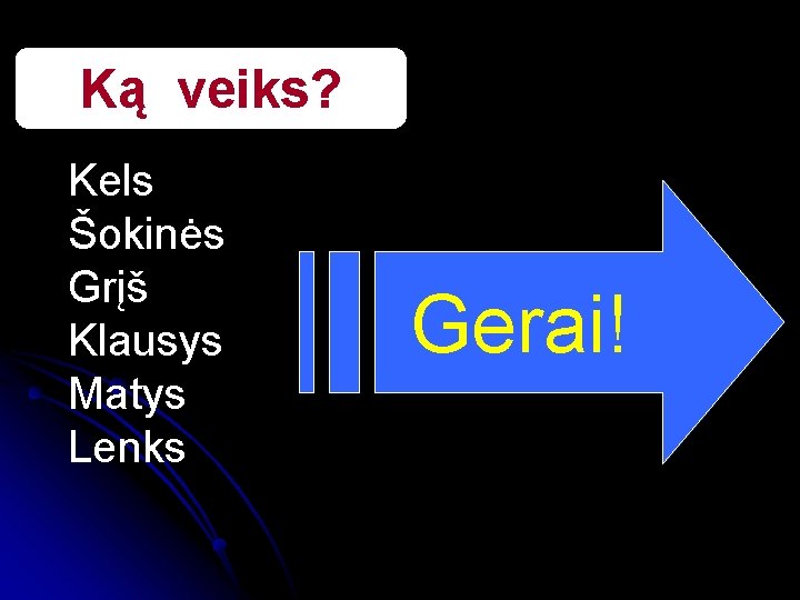 Ką veiks? Kels Šokinės Grįš Klausys Matys Lenks Gerai! 