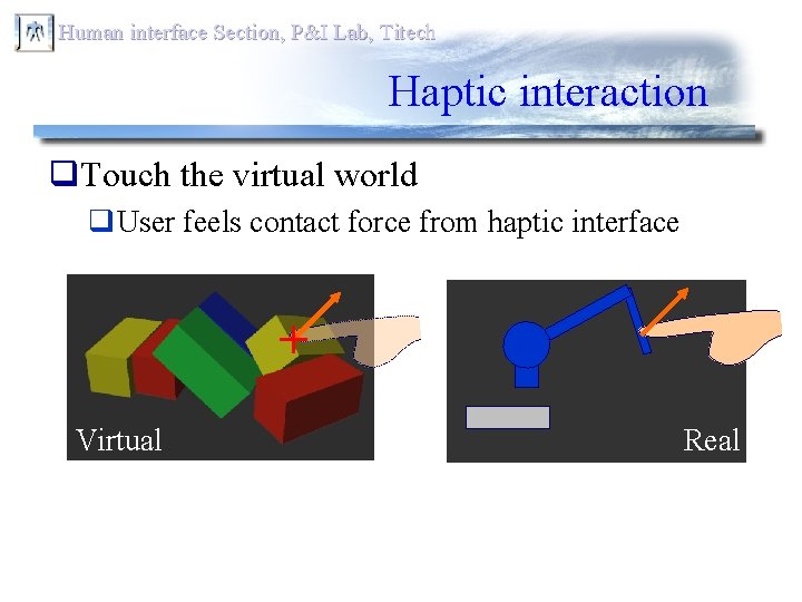 Human interface Section, P&I Lab, Titech Haptic interaction q. Touch the virtual world q.