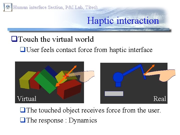 Human interface Section, P&I Lab, Titech Haptic interaction q. Touch the virtual world q.