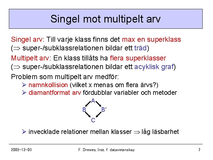 Singel mot multipelt arv Singel arv: Till varje klass finns det max en superklass