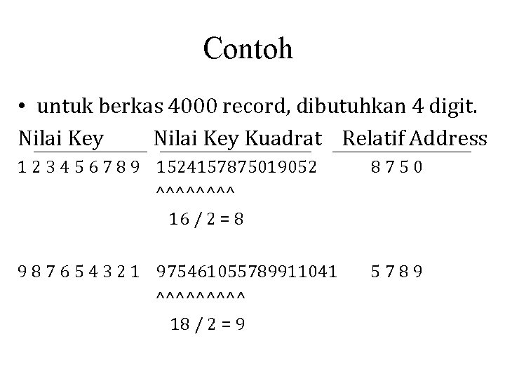 Contoh • untuk berkas 4000 record, dibutuhkan 4 digit. Nilai Key Kuadrat Relatif Address