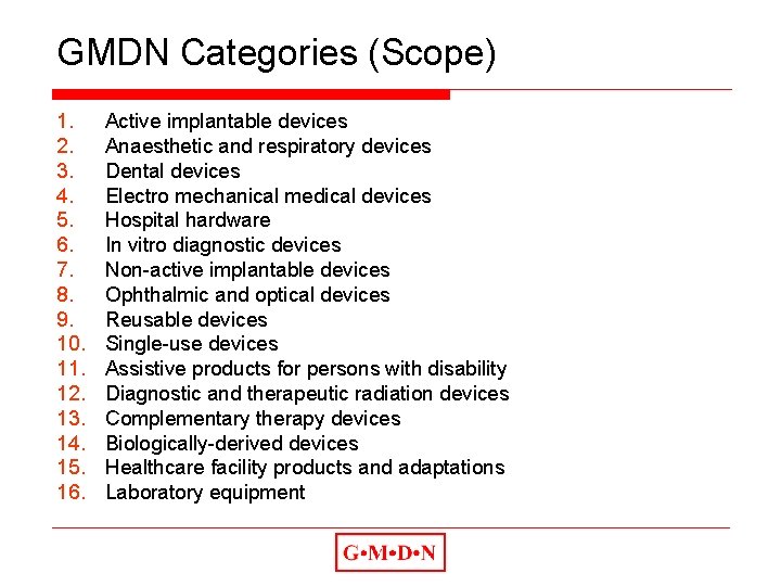 GMDN Categories (Scope) 1. 2. 3. 4. 5. 6. 7. 8. 9. 10. 11.