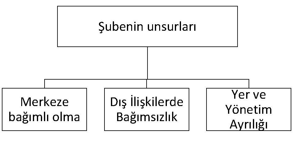 Şubenin unsurları Merkeze bağımlı olma Dış İlişkilerde Bağımsızlık Yer ve Yönetim Ayrılığı 