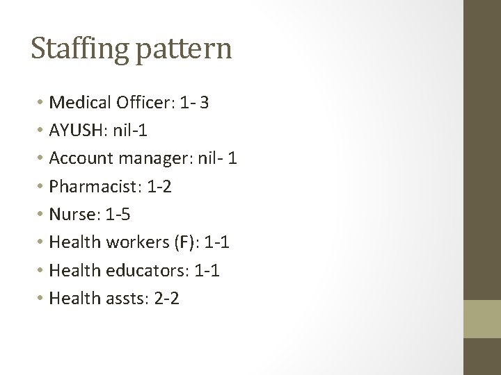 Staffing pattern • Medical Officer: 1 - 3 • AYUSH: nil-1 • Account manager: