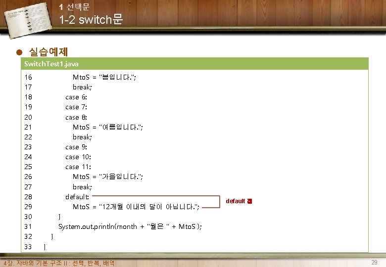 1 선택문 1 -2 switch문 l 실습예제 Switch. Test 1. java 16 17 18