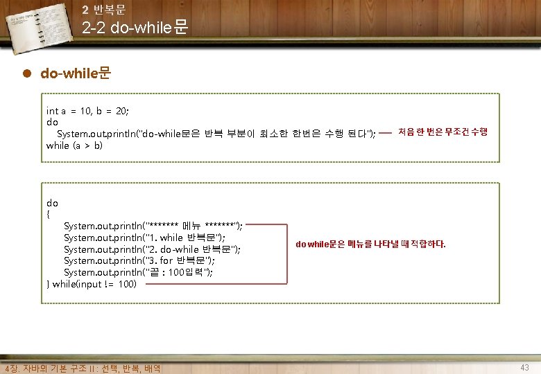 2 반복문 2 -2 do-while문 l do-while문 int a = 10, b = 20;