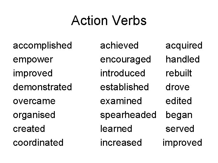 Action Verbs accomplished empower improved demonstrated overcame organised created coordinated achieved acquired encouraged handled