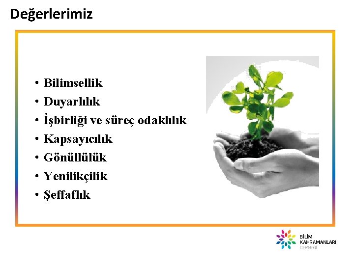 Değerlerimiz • • Bilimsellik Duyarlılık İşbirliği ve süreç odaklılık Kapsayıcılık Gönüllülük Yenilikçilik Şeffaflık 