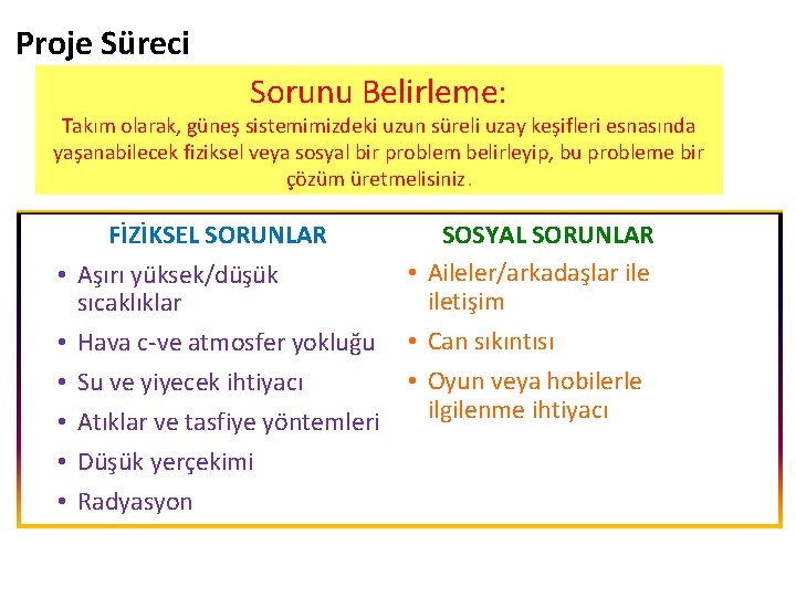 Proje Süreci Sorunu Belirleme: Takım olarak, güneş sistemimizdeki uzun süreli uzay keşifleri esnasında yaşanabilecek