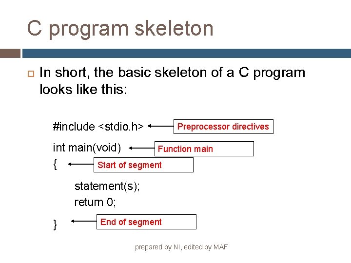 C program skeleton In short, the basic skeleton of a C program looks like