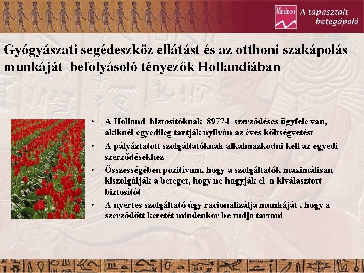 Gyógyászati segédeszköz ellátást és az otthoni szakápolás munkáját befolyásoló tényezők Hollandiában • • A