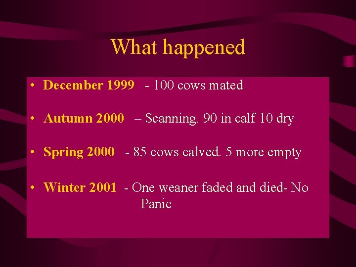 What happened • December 1999 - 100 cows mated • Autumn 2000 – Scanning.