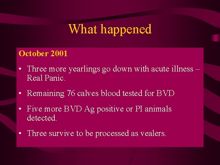 What happened October 2001 • Three more yearlings go down with acute illness –