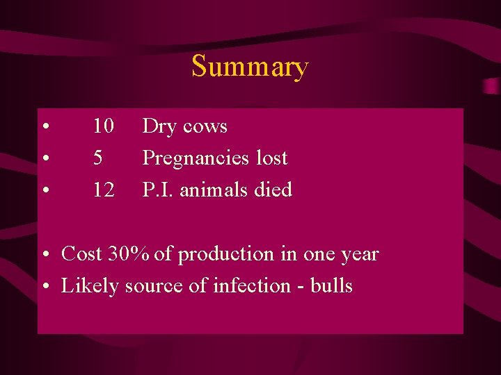 Summary • • • 10 5 12 Dry cows Pregnancies lost P. I. animals