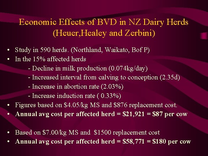 Economic Effects of BVD in NZ Dairy Herds (Heuer, Healey and Zerbini) • Study