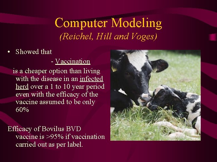 Computer Modeling (Reichel, Hill and Voges) • Showed that - Vaccination is a cheaper