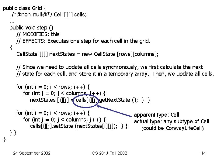 public class Grid { /*@non_null@*/ Cell [][] cells; … public void step () //