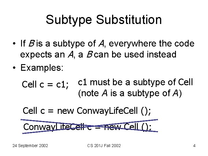 Subtype Substitution • If B is a subtype of A, everywhere the code expects Subtype Substitution • If B is a subtype of A, everywhere the code expects