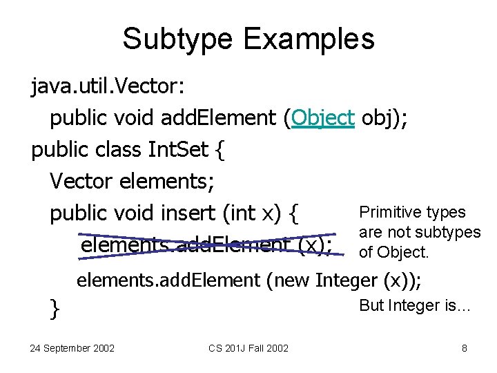 Subtype Examples java. util. Vector: public void add. Element (Object obj); public class Int. Subtype Examples java. util. Vector: public void add. Element (Object obj); public class Int.