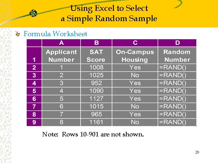 Using Excel to Select a Simple Random Sample Formula Worksheet Note: Rows 10 -901