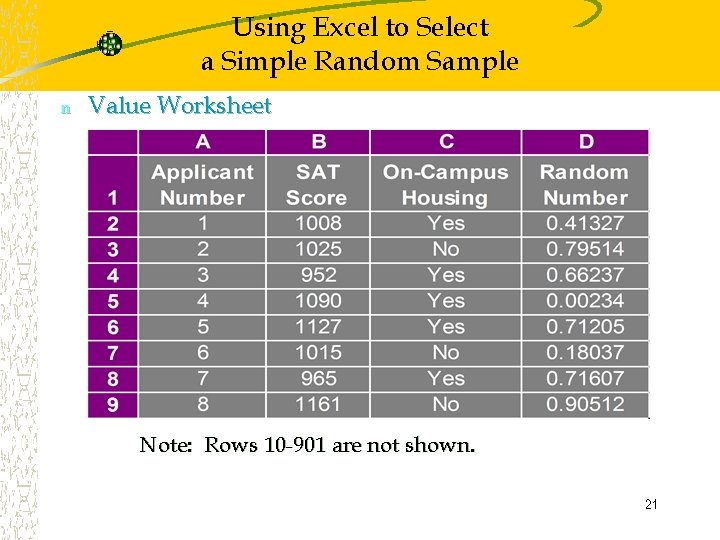 Using Excel to Select a Simple Random Sample n Value Worksheet Note: Rows 10