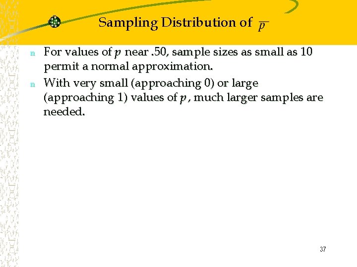 Sampling Distribution of n n For values of p near. 50, sample sizes as
