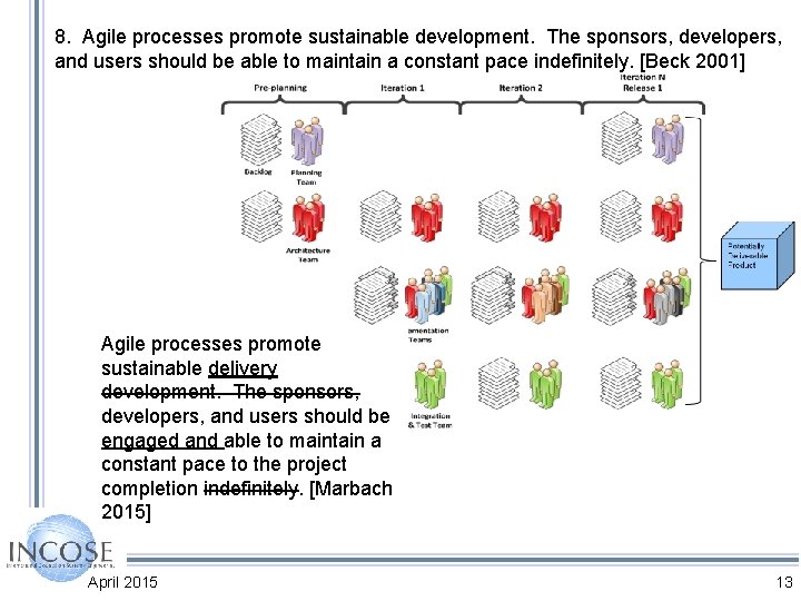 8. Agile processes promote sustainable development. The sponsors, developers, and users should be able