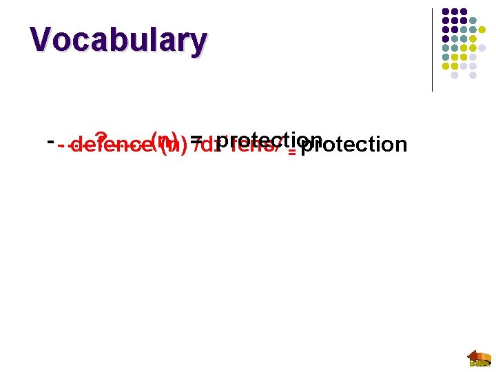 Vocabulary - -…. . ? . . . protection defence(n) =/dɪˈfens/ = protection 