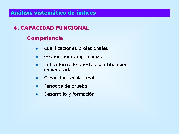 Análisis sistemático de índices 4. CAPACIDAD FUNCIONAL Competencia Cualificaciones profesionales Gestión por competencias Indicadores