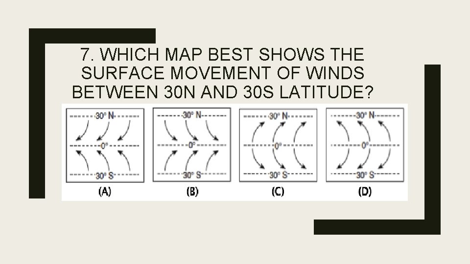7. WHICH MAP BEST SHOWS THE SURFACE MOVEMENT OF WINDS BETWEEN 30 N AND