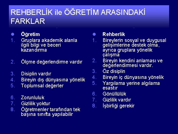 REHBERLİK ile ÖĞRETİM ARASINDAKİ FARKLAR l 1. Öğretim Gruplara akademik alanla ilgili bilgi ve