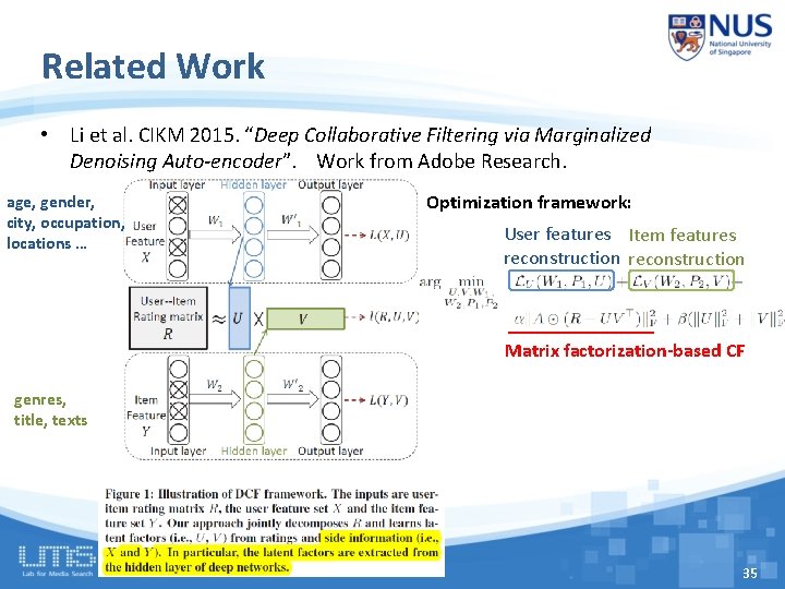 Related Work • Li et al. CIKM 2015. “Deep Collaborative Filtering via Marginalized Denoising Related Work • Li et al. CIKM 2015. “Deep Collaborative Filtering via Marginalized Denoising