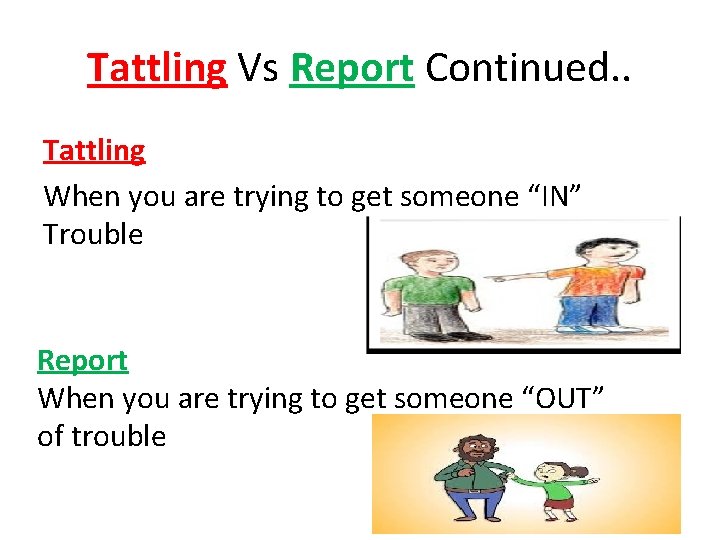 Tattling Vs Report Continued. . Tattling When you are trying to get someone “IN”