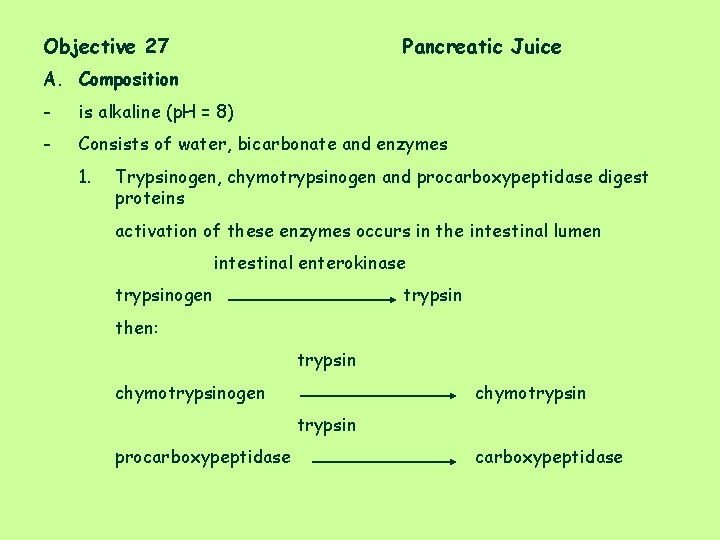 Objective 27 Pancreatic Juice A. Composition - is alkaline (p. H = 8) -