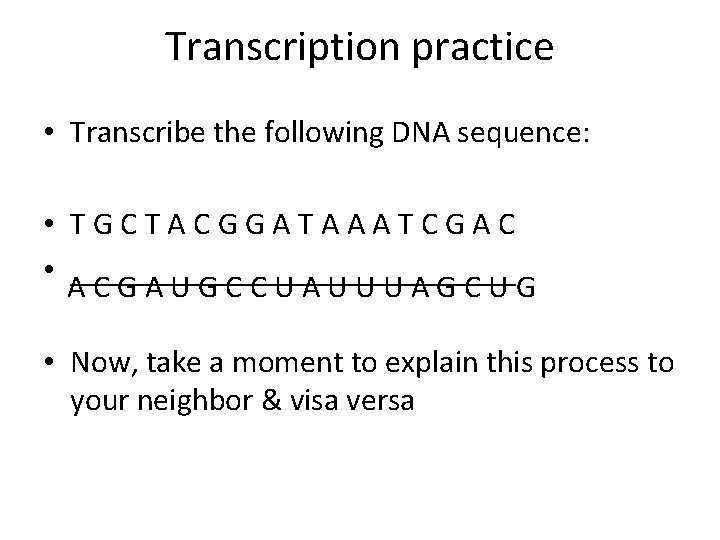 Transcription practice • Transcribe the following DNA sequence: • TGCTACGGATAAATCGAC • ______________ ACGAUGCCUAUUUAGCUG •