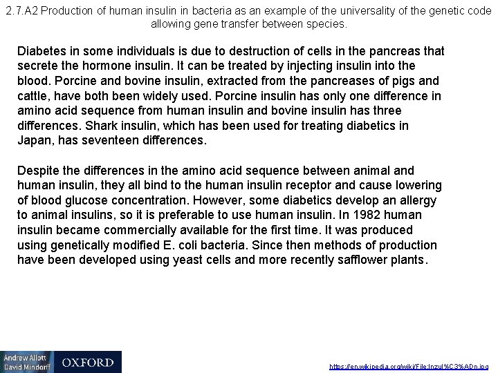2. 7. A 2 Production of human insulin in bacteria as an example of
