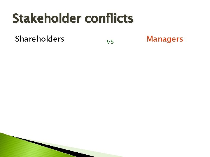 Stakeholder conflicts Shareholders vs Managers 