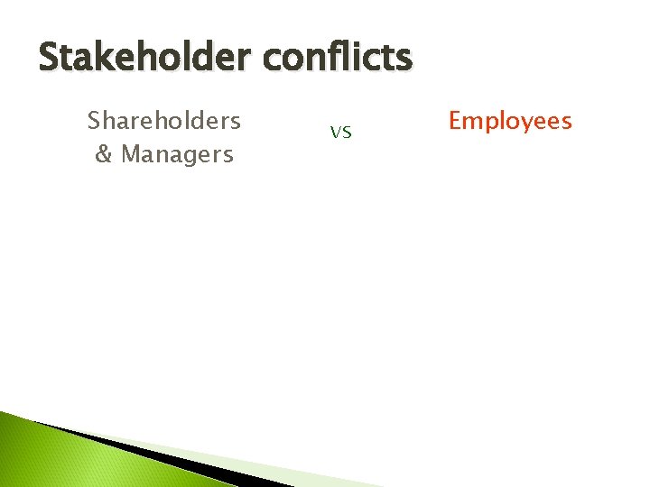 Stakeholder conflicts Shareholders & Managers vs Employees 