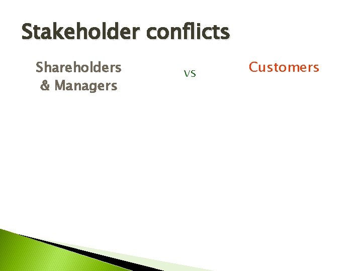 Stakeholder conflicts Shareholders & Managers vs Customers 