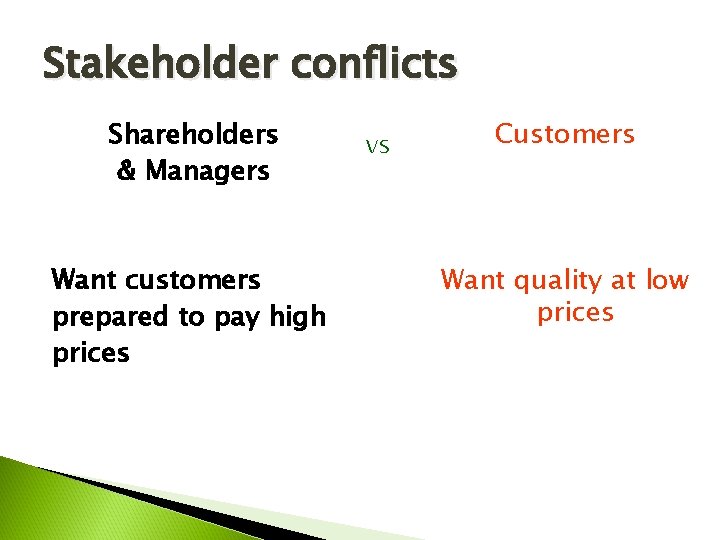 Stakeholder conflicts Shareholders & Managers Want customers prepared to pay high prices vs Customers