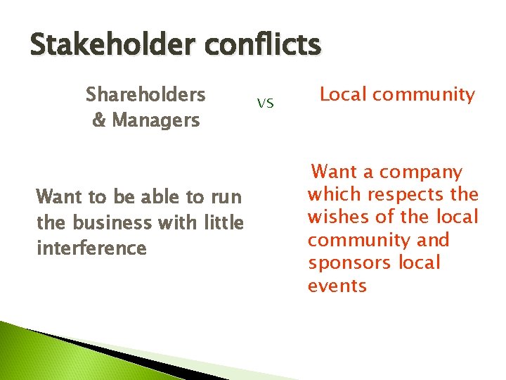 Stakeholder conflicts Shareholders & Managers Want to be able to run the business with