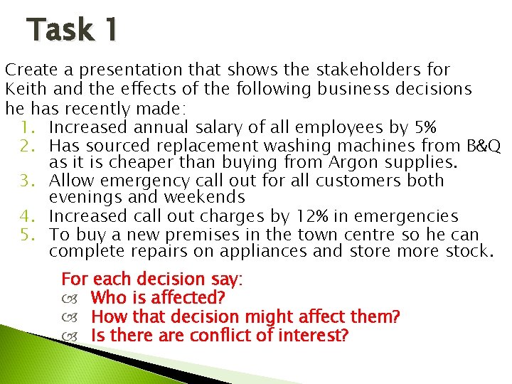 Task 1 Create a presentation that shows the stakeholders for Keith and the effects