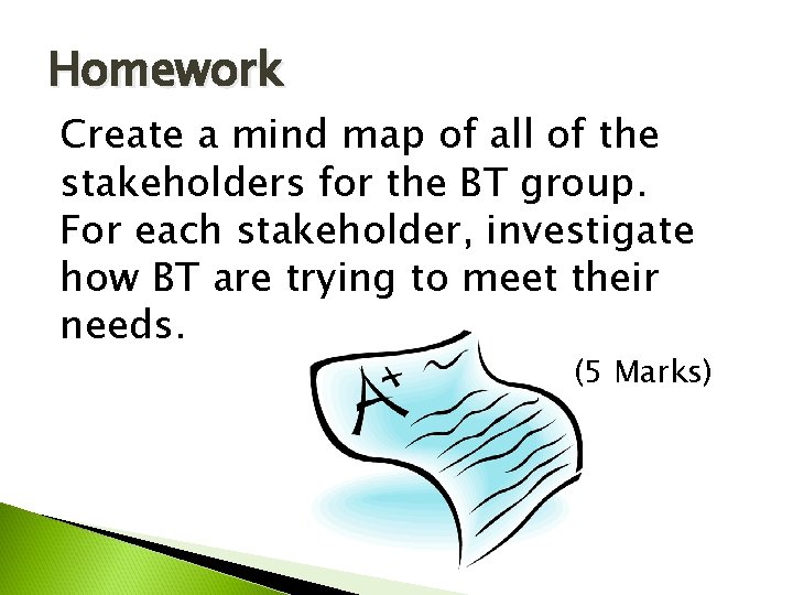 Homework Create a mind map of all of the stakeholders for the BT group.