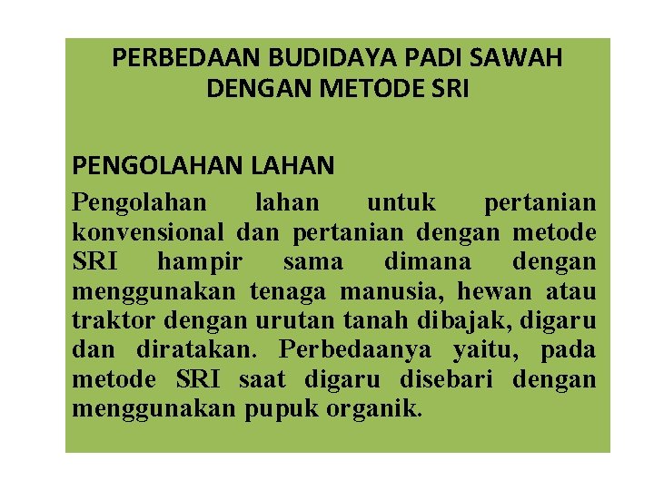 PERBEDAAN BUDIDAYA PADI SAWAH DENGAN METODE SRI PENGOLAHAN Pengolahan untuk pertanian konvensional dan pertanian