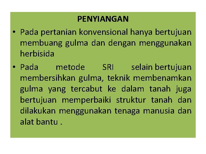 PENYIANGAN • Pada pertanian konvensional hanya bertujuan membuang gulma dan dengan menggunakan herbisida •